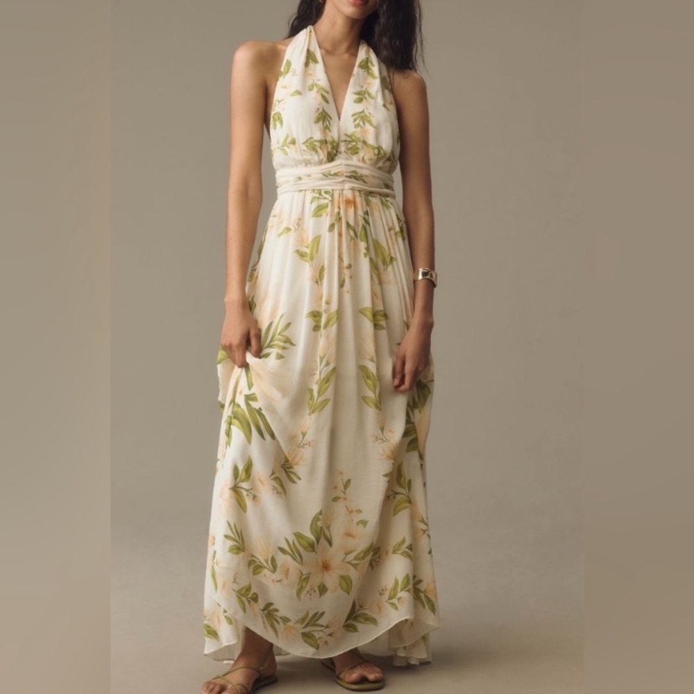 New FARM Rio x Anthropologie Halter V Neck Floral Maxi Dress
